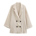 Ladies Oversized Double-Breasted Blazer with Pleated Structure and Three-Quarter Sleeves Fashion Glam