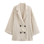 Ladies Oversized Double-Breasted Blazer with Pleated Structure and Three-Quarter Sleeves Fashion Glam