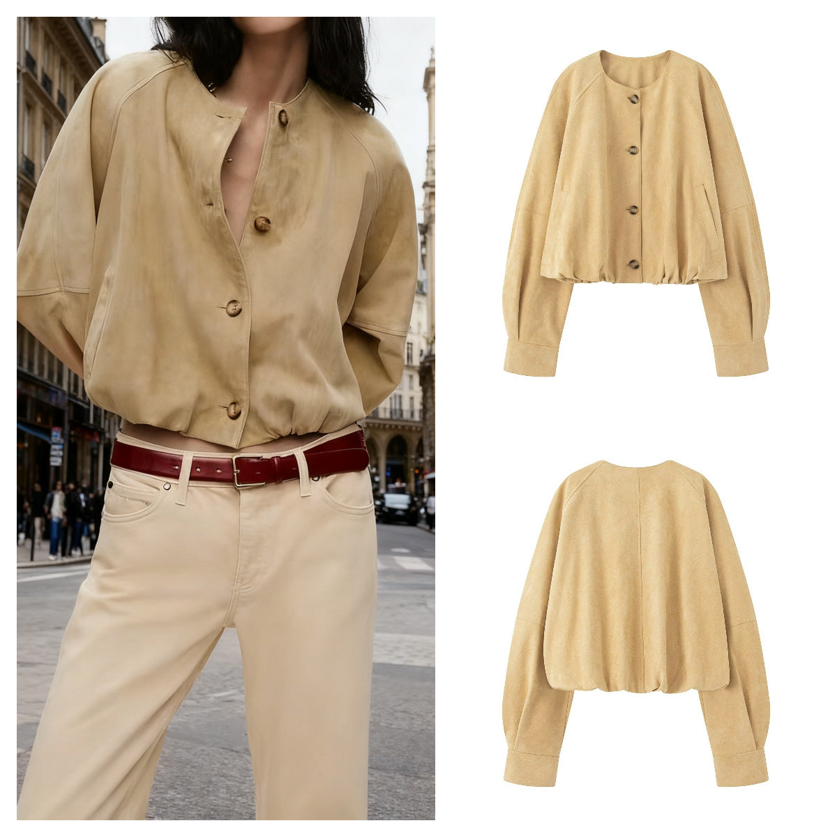 Women's short jacket in velour look with round neckline, balloon sleeves, and elastic hem Fashion Glam