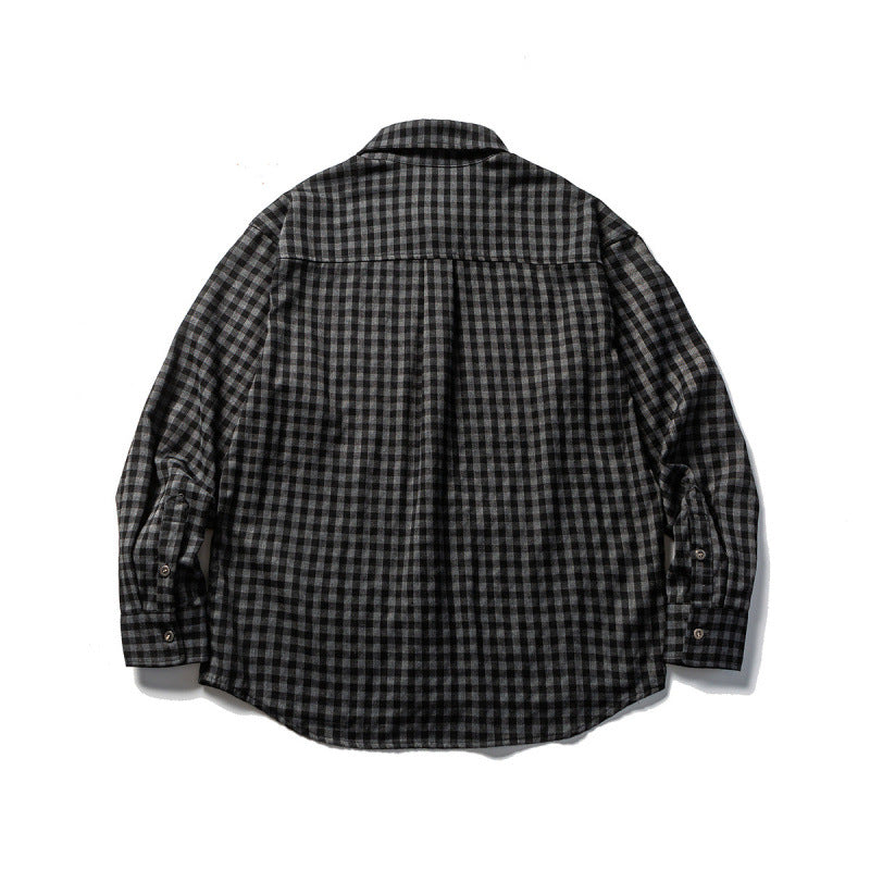 Unisex Oversize Check Flannel Shirt with Shirt Collar, Button Front and Rounded Hem Fashion Glam