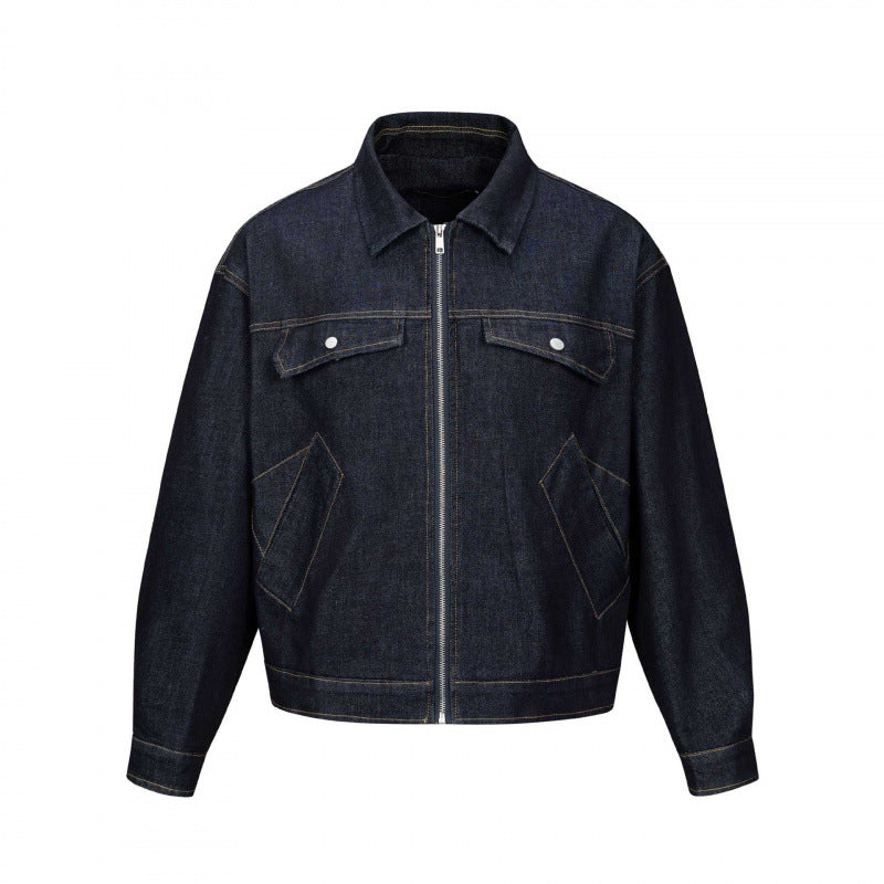 Unisex Short-cut boxy denim zip jacket in worker look with diagonal pockets Fashion Glam