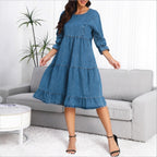 Women's tiered ruffle denim midi dress with elbow-length sleeves and gathered empire waist Fashion Glam