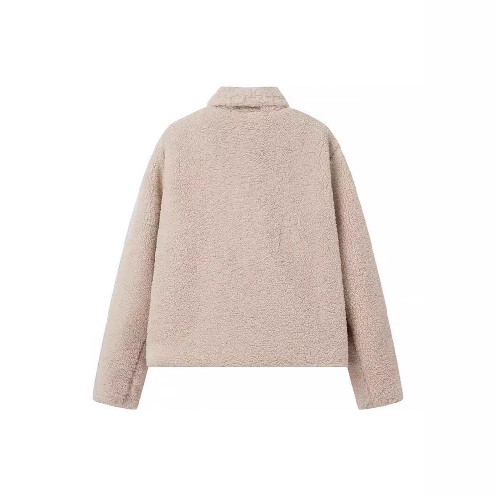Women's Oversize Teddy-Fleece Jacket with Lapel Collar and Soft Structured Fur Look Fashion Glam