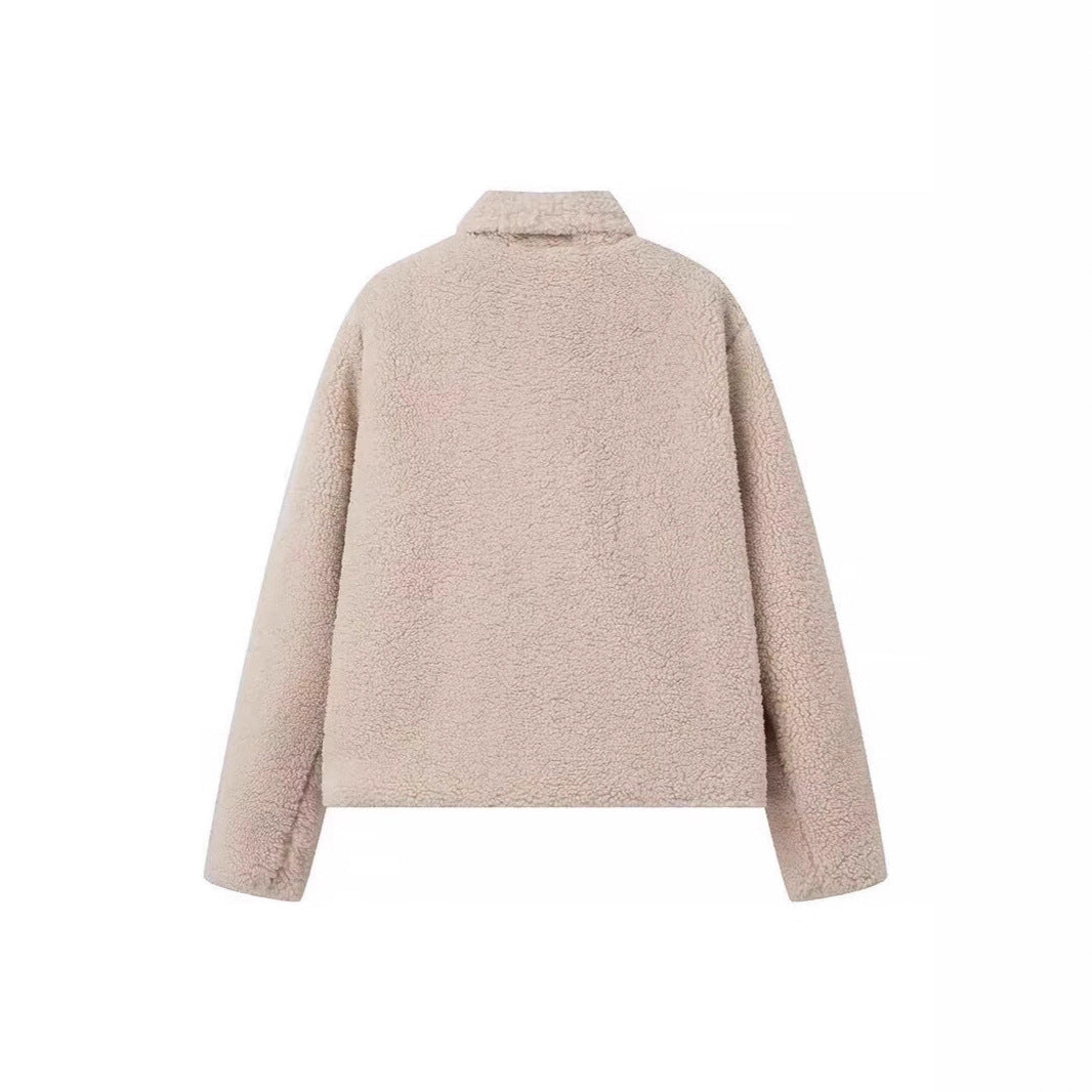 Women's Oversize Teddy-Fleece Jacket with Lapel Collar and Soft Structured Fur Look Fashion Glam