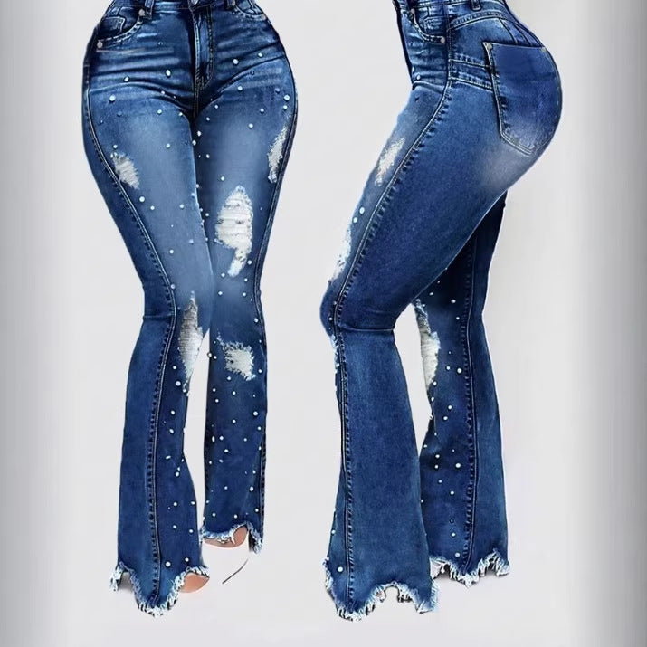 Ladies high-waisted flared jeans with bead appliqué, destroyed effects and frayed hem Fashion Glam