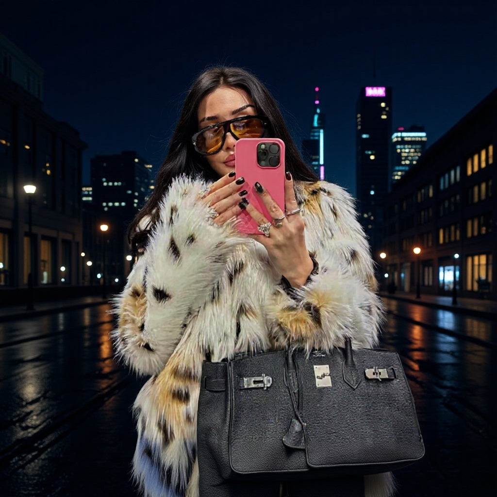 Women Short Faux-Fur Jacket with Dotted Lynx Print and Minimalist Stand Collar Fashion Glam