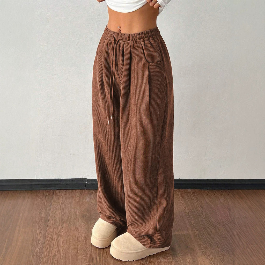 Ladies cord pants with wide leg, elastic waistband and drawstring Fashion Glam
