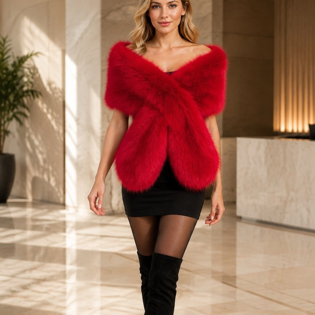 Women's Luxurious Reversible Faux Fur Shoulder Stole with V-Shape Fashion Glam
