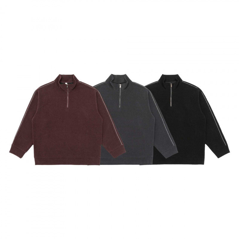 Unisex Short-Cut Structured Knit Half-Zip Sweater with Distinctive Contrast Stitch Fashion Glam