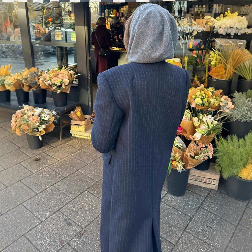 Women's maxi coat in pinstripe look with double-breasted button placket and lapel collar Fashion Glam
