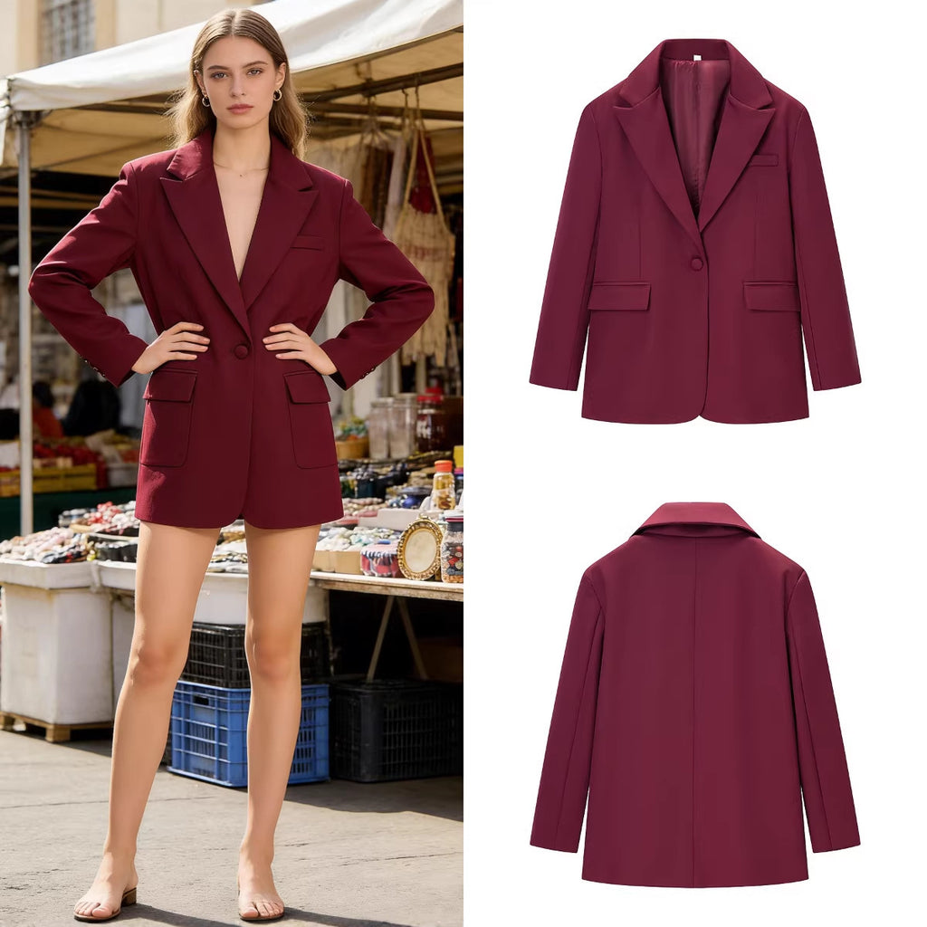 Women's Casual One-Button Blazer with Lapel Collar, Flap Pockets and Satin Lining Fashion Glam