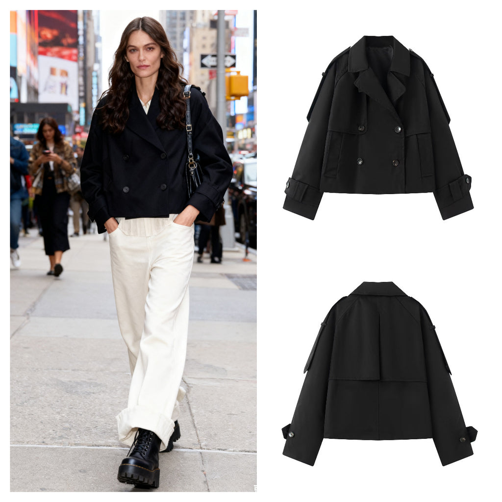 Women Short Cut Cropped Trench Coat with Double-Breasted Button Closure and Epaulets Fashion Glam