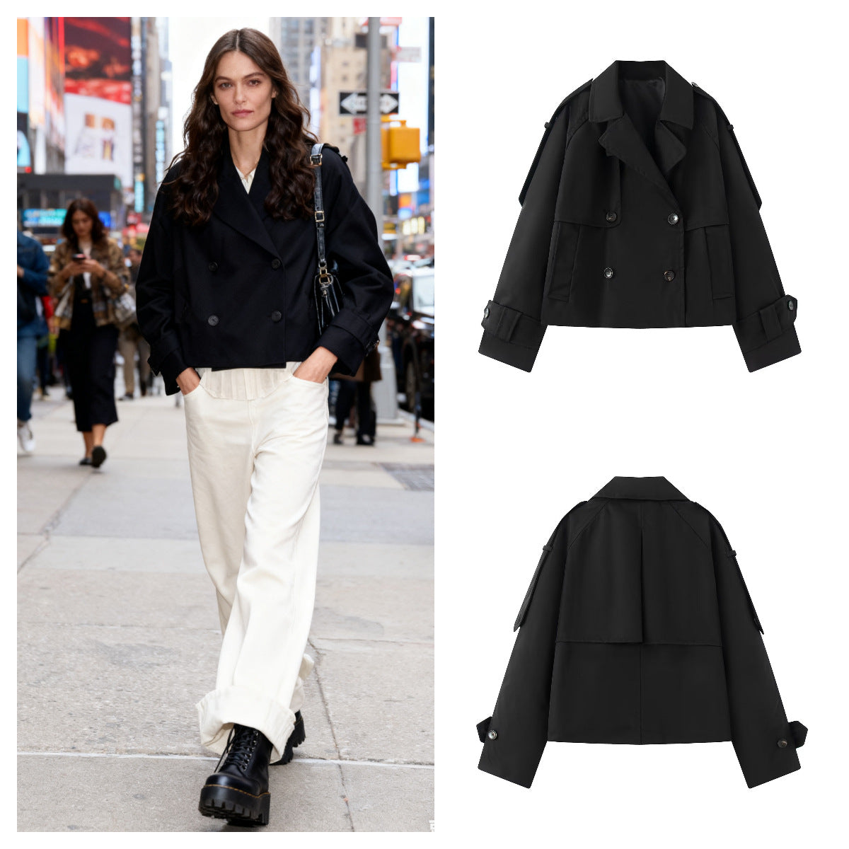Women Short Cut Cropped Trench Coat with Double-Breasted Button Closure and Epaulets Fashion Glam