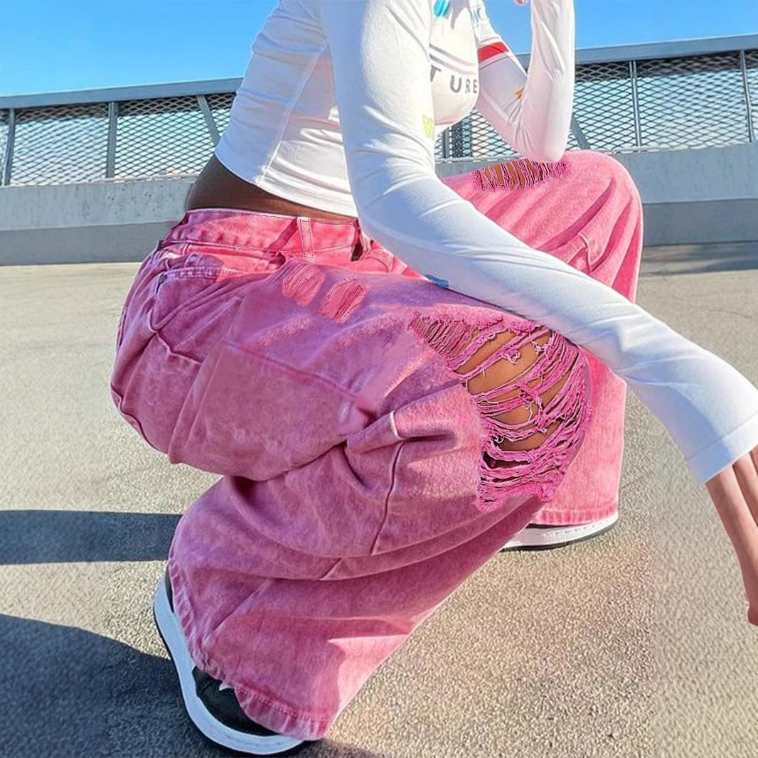 Women High-Waisted Wide Denim Palazzo Pants with Eye-Catching Ripped Inserts Fashion Glam