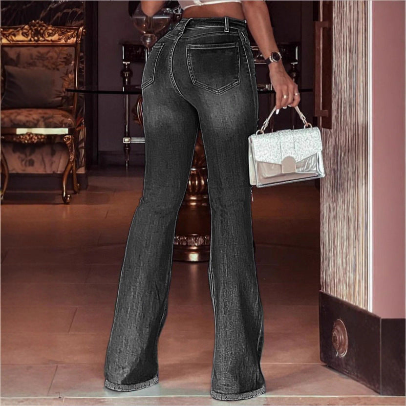 Women's High-Waisted Flared Jeans with Knee Rips, Frayed Hem and Flared Leg Fashion Glam