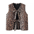 Women Sleeveless Leopard Print Blouse with Double Bow and Keyhole Front Fashion Glam