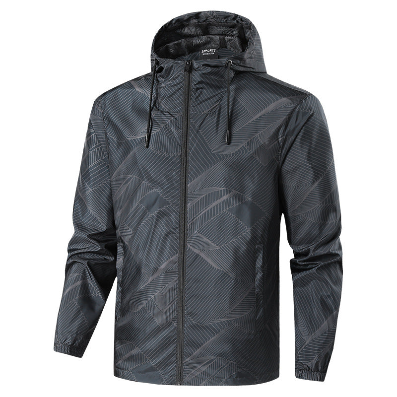 Men's Lightweight Hooded Windbreaker Jacket with Graphic Allover Print and Packing Function Fashion Glam