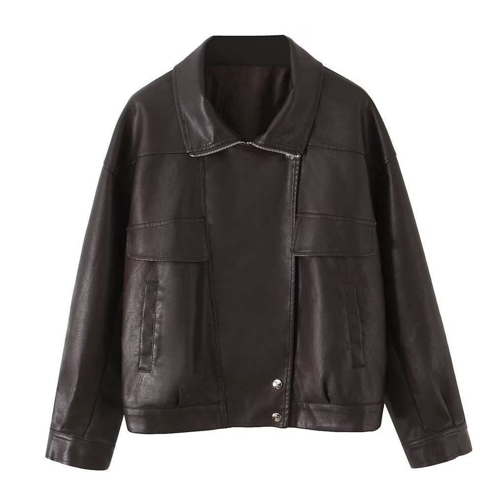 Women Oversized Faux Leather Bomber Jacket with Flap Pockets and Asymmetrical Zipper Fashion Glam