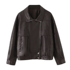 Women Oversized Faux Leather Bomber Jacket with Flap Pockets and Asymmetrical Zipper Fashion Glam