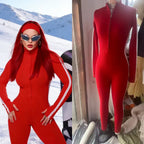 Women's Fitted Rib Knit Jumpsuit with Stand Collar, Zipper and Thumb Hole Fashion Glam