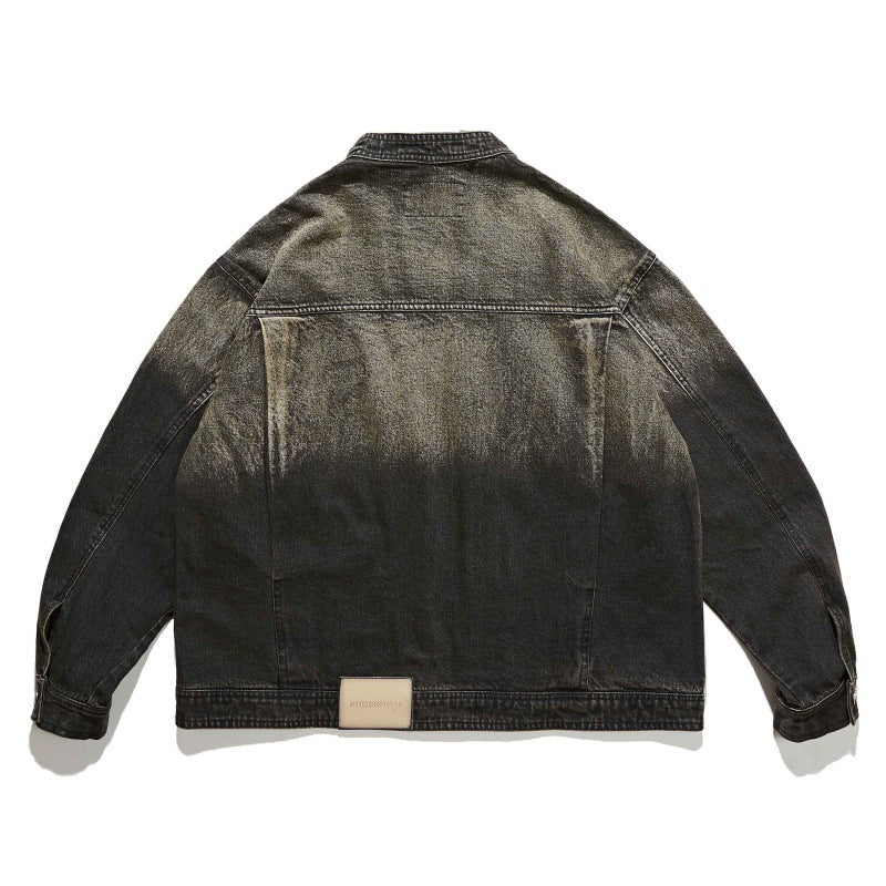 Unisex Boxy Denim Jacket in Oversized Cut with Two-Tone Wash and Stand Collar Fashion Glam