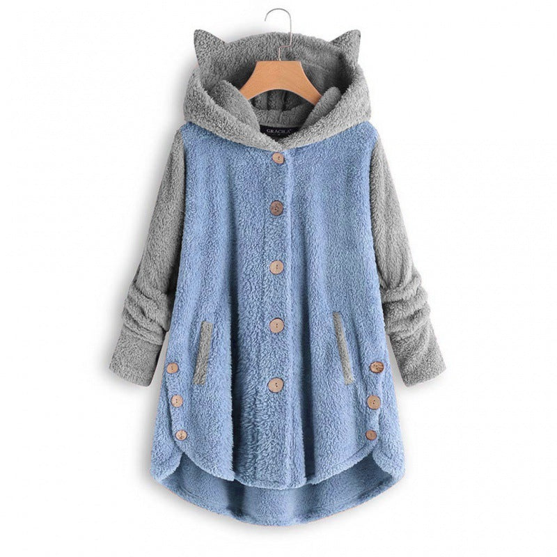 Women's Cozy Hooded Teddy Jacket with Cat Ears, Wooden Button Details and High-Low Hem Fashion Glam