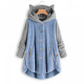 Women's Cozy Hooded Teddy Jacket with Cat Ears, Wooden Button Details and High-Low Hem Fashion Glam