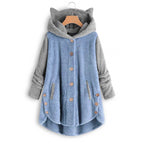 Women's Cozy Hooded Teddy Jacket with Cat Ears, Wooden Button Details and High-Low Hem Fashion Glam