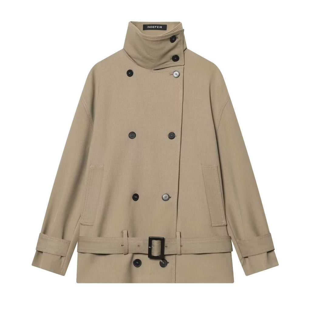 Women's short trench coat with double-breasted button placket, waist belt, and high standing collar Fashion Glam