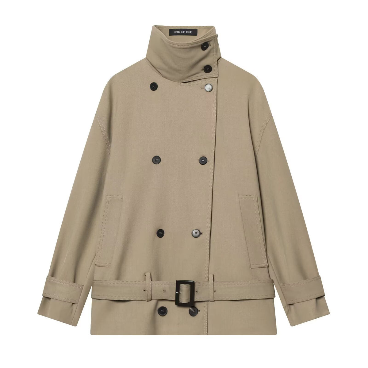 Women's short trench coat with double-breasted button placket, waist belt, and high standing collar Fashion Glam