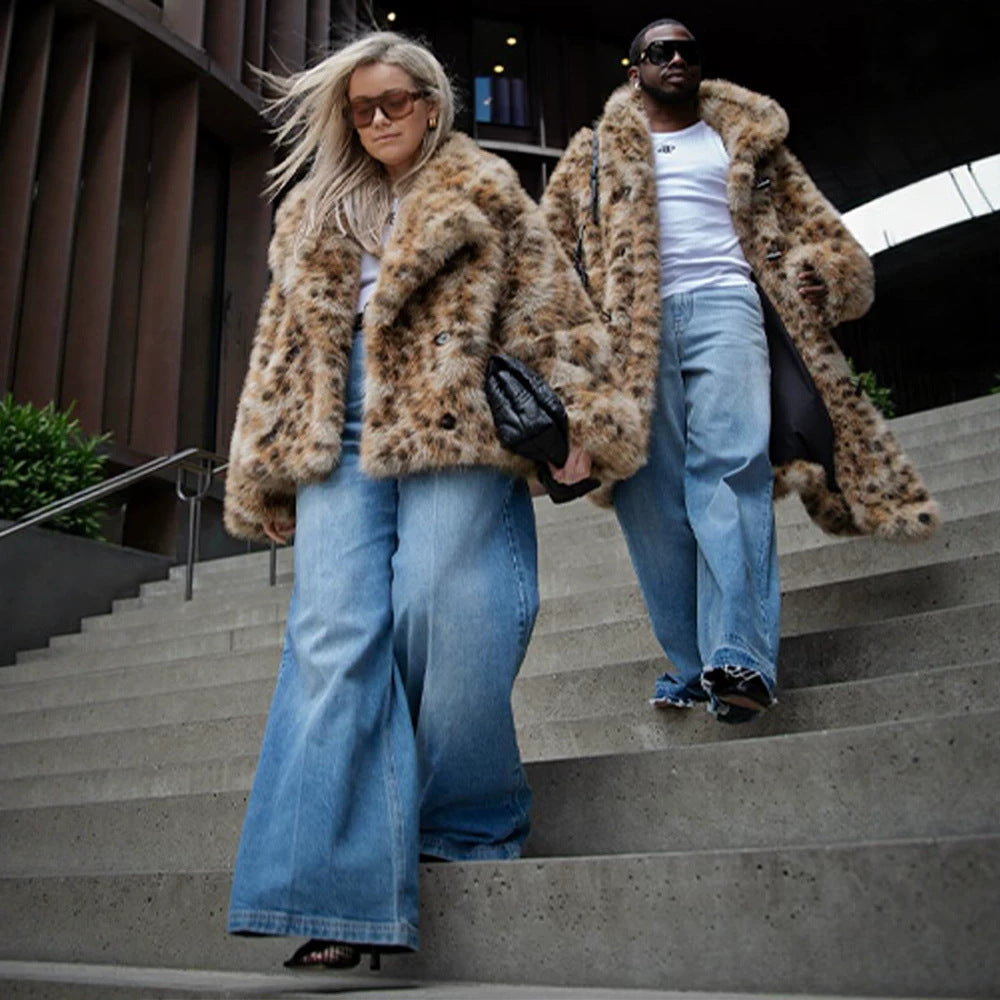 Women Flecked Short Faux Fur Jacket with Boxy Silhouette and Voluminous Pile Fashion Glam