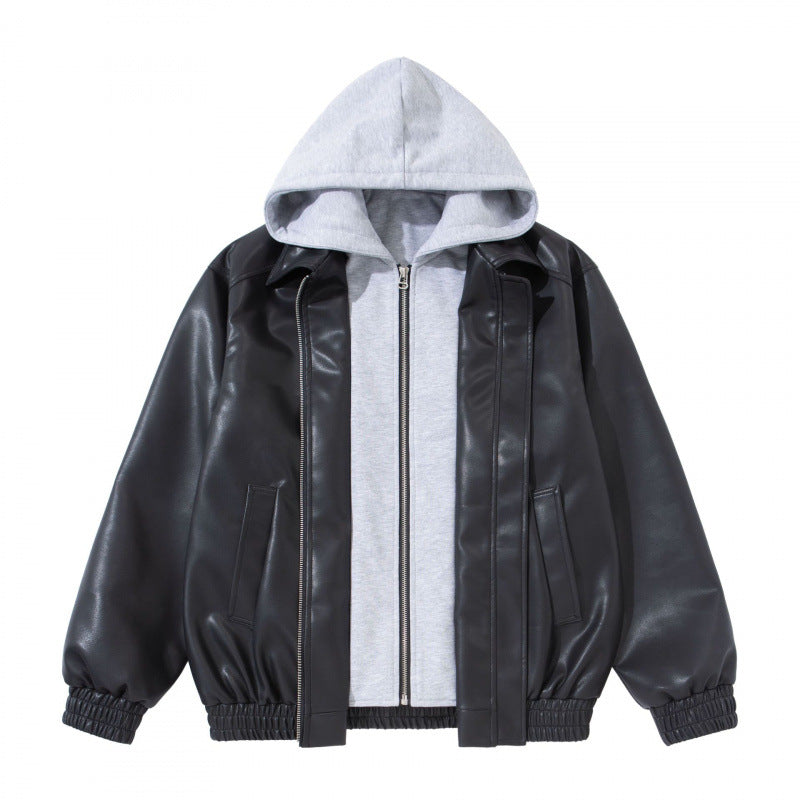 Unisex Oversize Faux Leather Bomber Jacket with Contrasting Hood, Zipper and Elastic Hem Fashion Glam