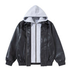 Unisex Oversize Faux Leather Bomber Jacket with Contrasting Hood, Zipper and Elastic Hem Fashion Glam