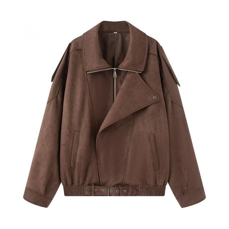 Women Oversize Bomber Jacket with Wide Lapel Collar, Waist Belt and Shoulder Epaulettes Fashion Glam