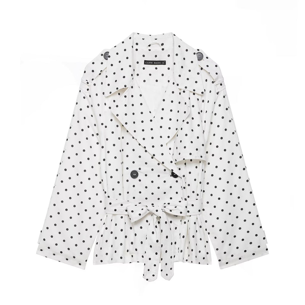 Women Polka Dot Cropped Trench Coat with Tie Belt Fashion Glam