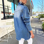 Women's Oversized Denim Jacket with Destroyed Details, Fringed Hem and Concealed Button Placket Fashion Glam