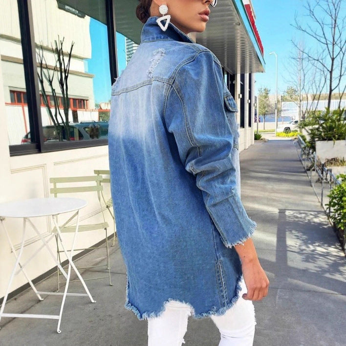 Women's Oversized Denim Jacket with Destroyed Details, Fringed Hem and Concealed Button Placket Fashion Glam