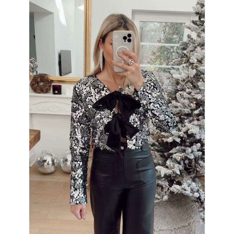Ladies Short Cut Sequin Jacket with Double Tied Satin Bows Fashion Glam