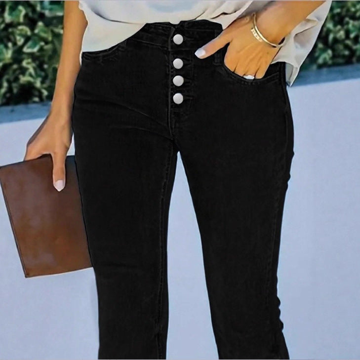 Ladies high-waisted flare jeans with decorative button placket and sculpting fit Fashion Glam