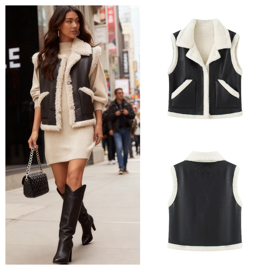 Women's Sleeveless Lambskin Imitation Vest with Lapel Collar and Patch Pockets Fashion Glam