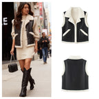 Women's Sleeveless Lambskin Imitation Vest with Lapel Collar and Patch Pockets Fashion Glam