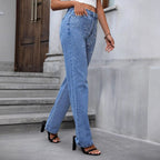 Women High-Waist Straight Jeans with Pearl and Rhinestone Trim Fashion Glam