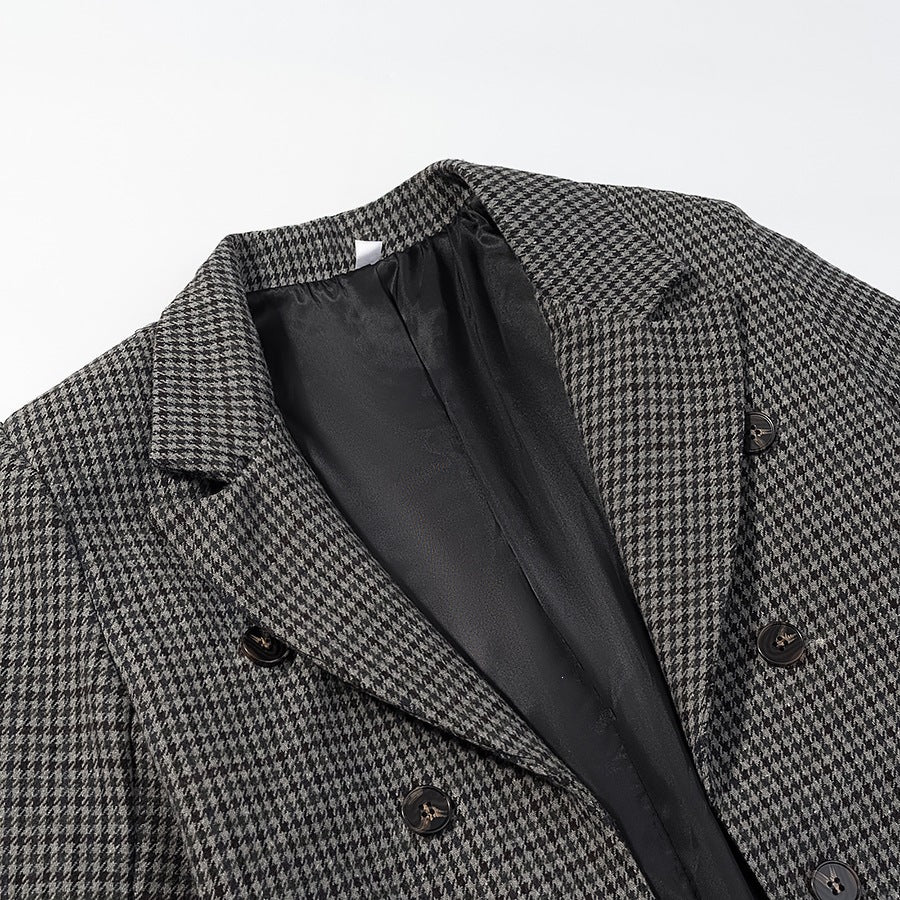 Women Houndstooth Blazer Inspired by Morning Coat with Cutaway Hem and Double-Breasted Button Placket Fashion Glam