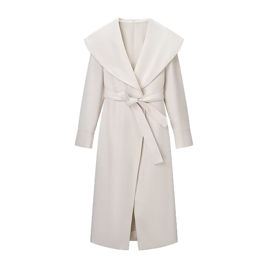 Women Elegant Coat with Oversized Shawl Collar and Tied Belt Fashion Glam