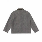 Men's wool blend worker blazer with contrasting leather collar and patch pockets Fashion Glam