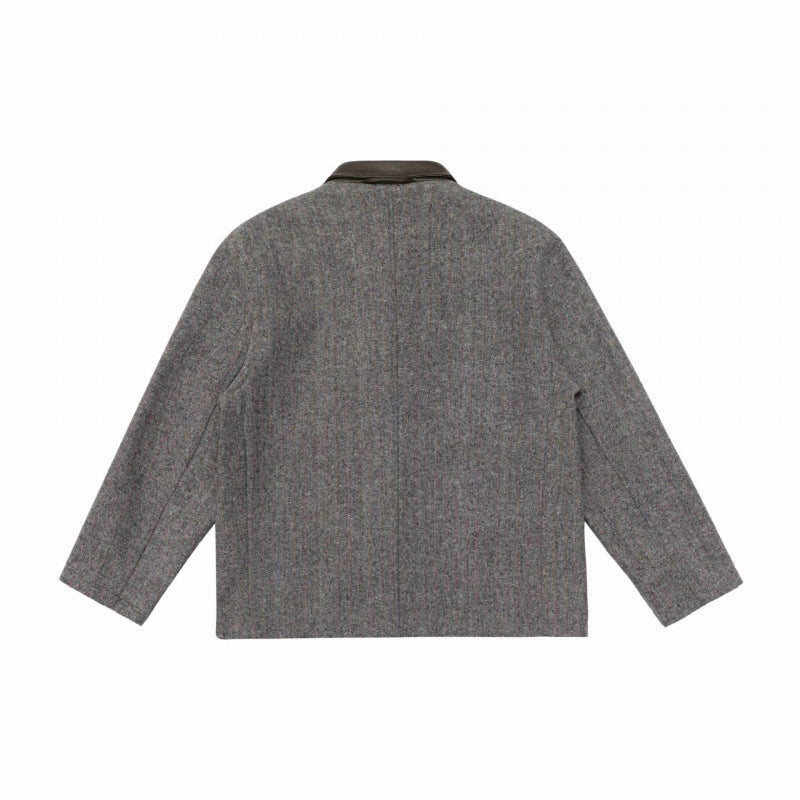 Men's wool blend worker blazer with contrasting leather collar and patch pockets Fashion Glam
