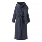 Women’s long coat with oversized shawl collar, belt at the waist and pinstripes Fashion Glam