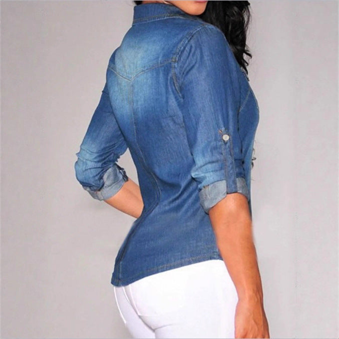 Women's tailored denim shirt blouse with chest pockets and pearl buttons Fashion Glam