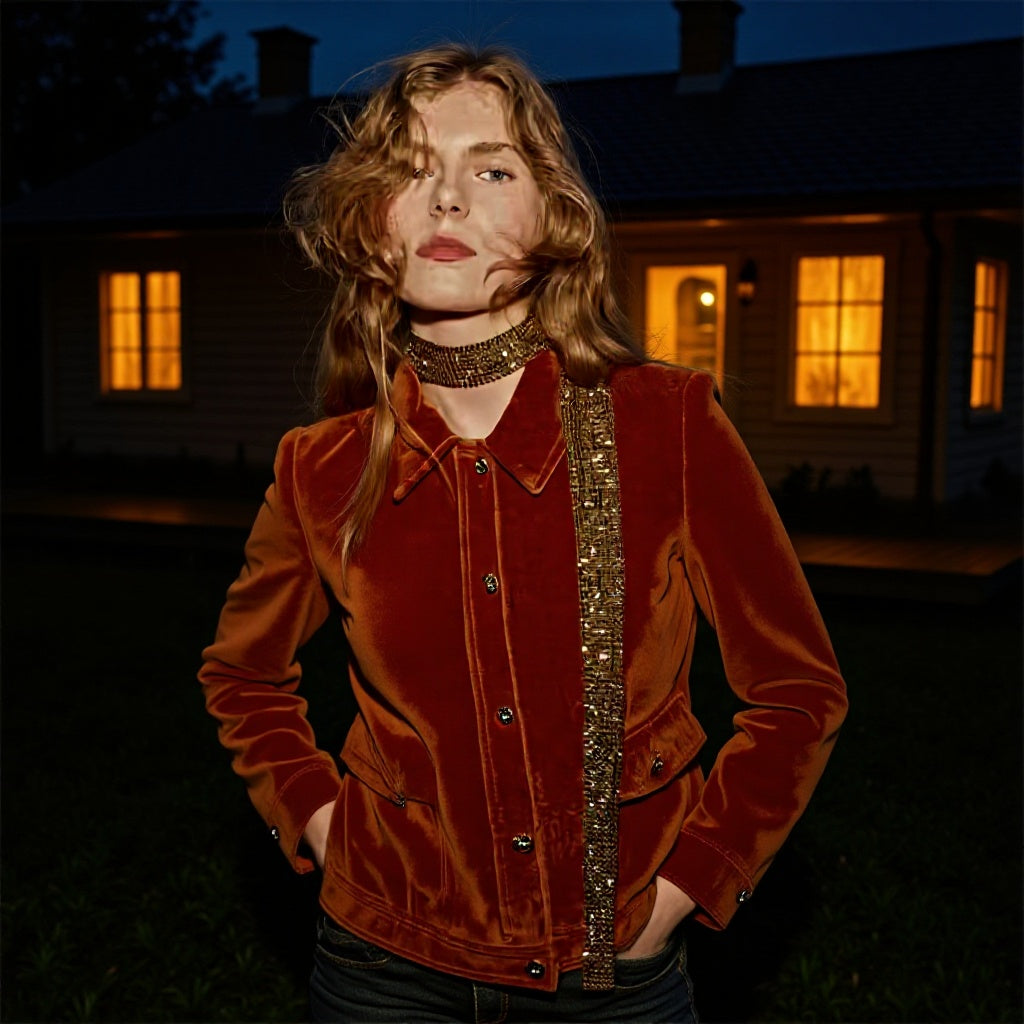 Ladies velvet jacket with decorative trim and tailored silhouette Fashion Glam