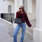 Women's Short Teddy Faux Fur Cropped Blouson with Internal Button Placket and Soft Sleeve Cuffs Fashion Glam